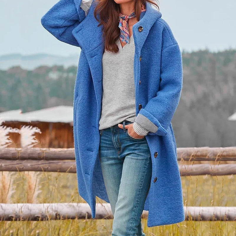 Women's Hooded Winter Coat - Relaxed Button-Front Style