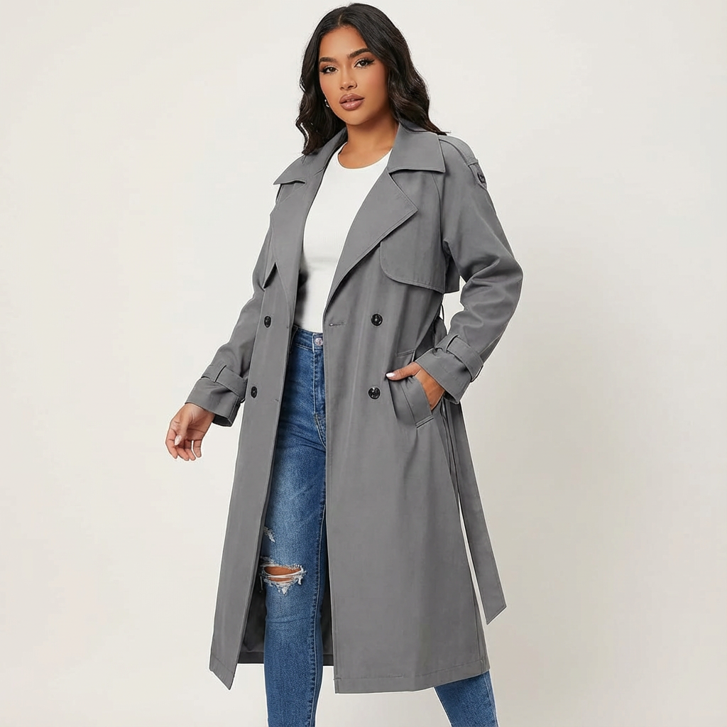 Ladies' Trench Coat Long Fit Classic Button Placket Casual Formal
