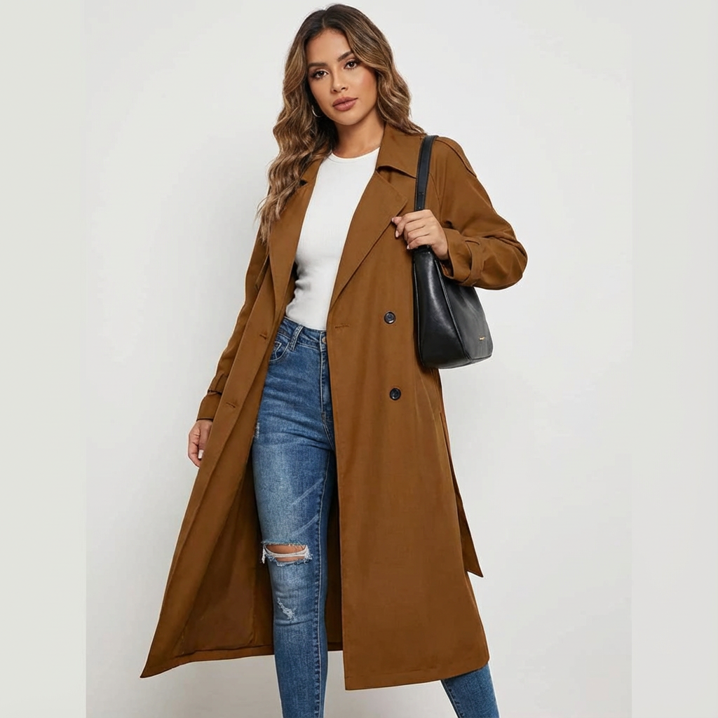 Ladies' Trench Coat Long Fit Classic Button Placket Casual Formal