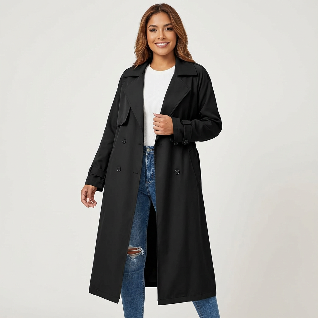 Ladies' Trench Coat Long Fit Classic Button Placket Casual Formal