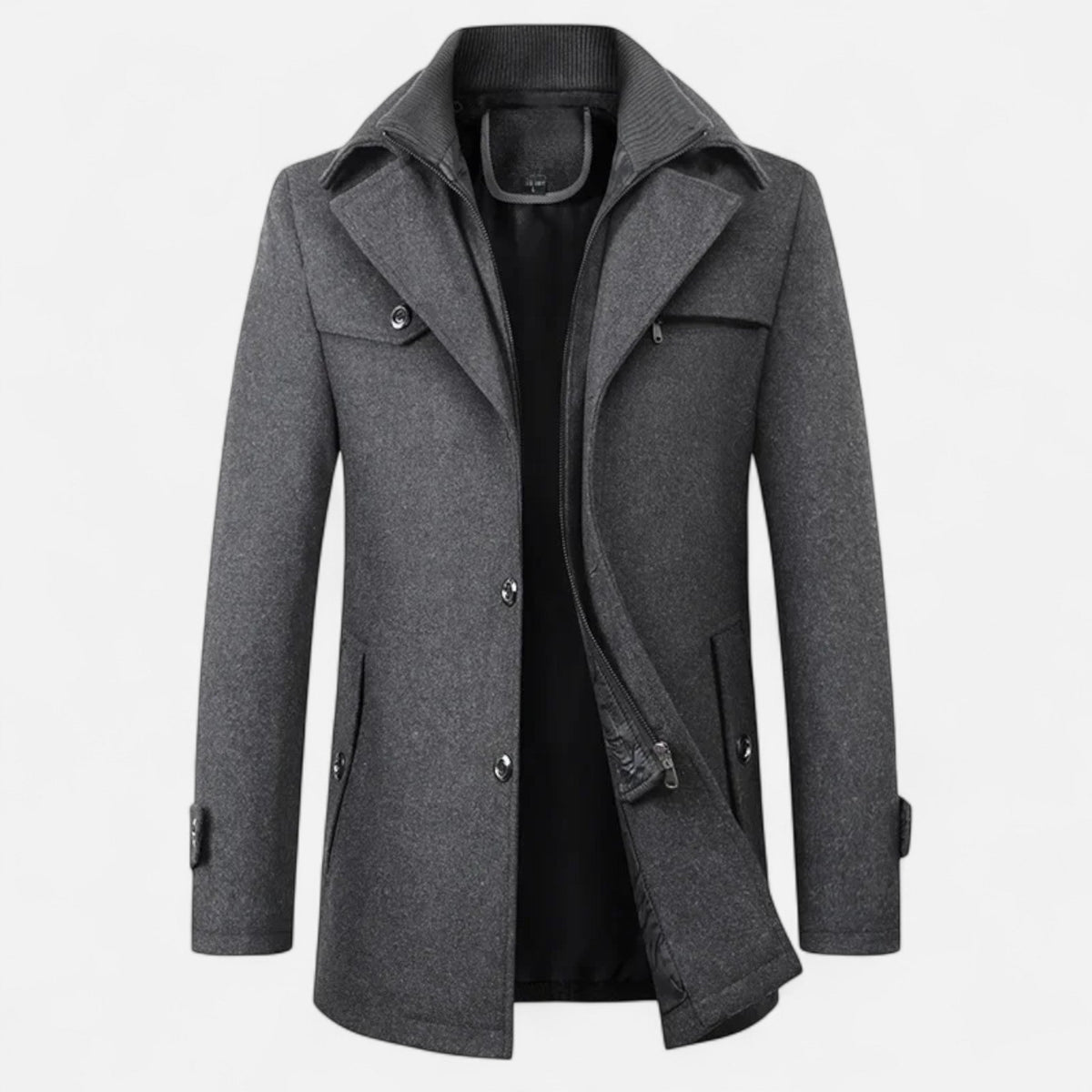 Men's Wool Trench Coat – Double Collar Zip-Up Design
