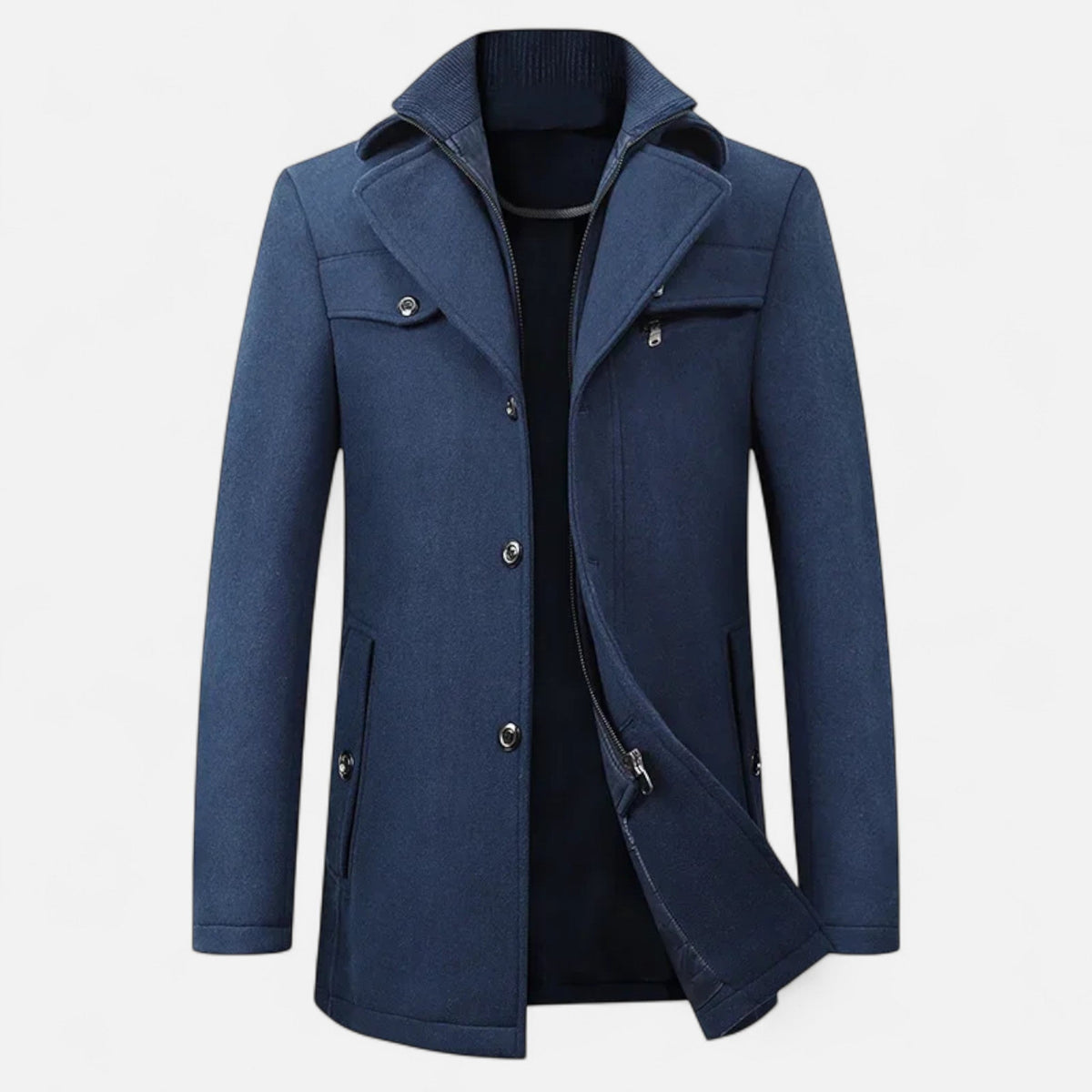 Men's Wool Trench Coat – Double Collar Zip-Up Design