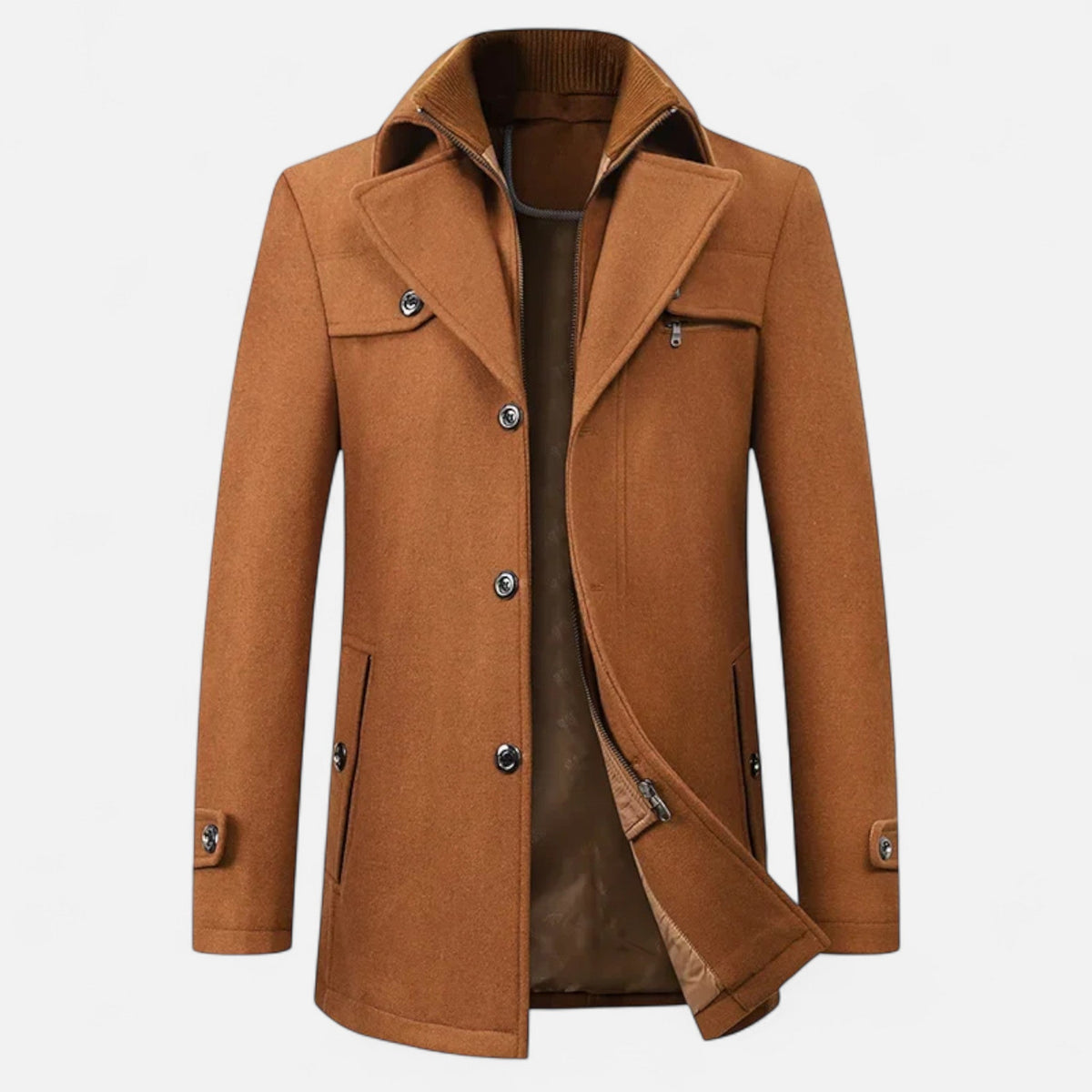Men's Wool Trench Coat – Double Collar Zip-Up Design