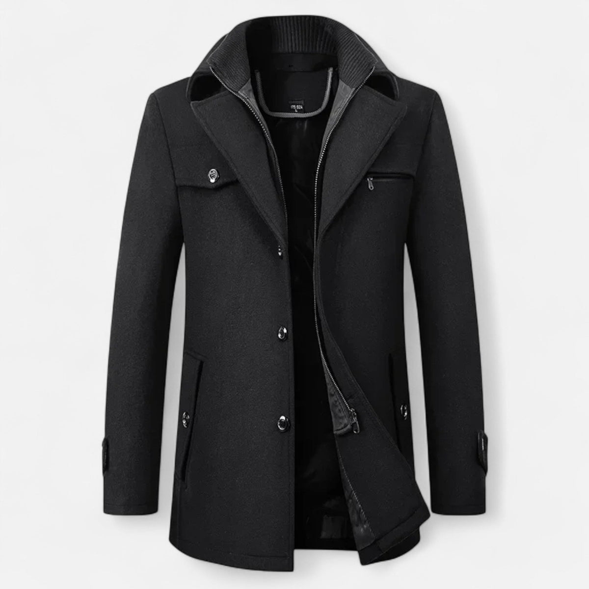 Men's Wool Trench Coat – Double Collar Zip-Up Design