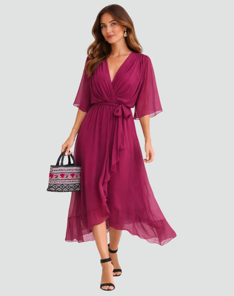 Women's Wrap Midi Dress – Tie Waist Occasion Style
