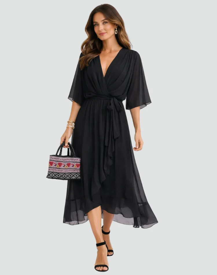 Women's Wrap Midi Dress – Tie Waist Occasion Style