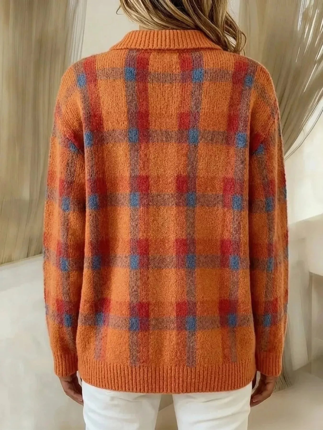 Women's Orange Checked Button-Up Cardigan – Relaxed Knit Jacket