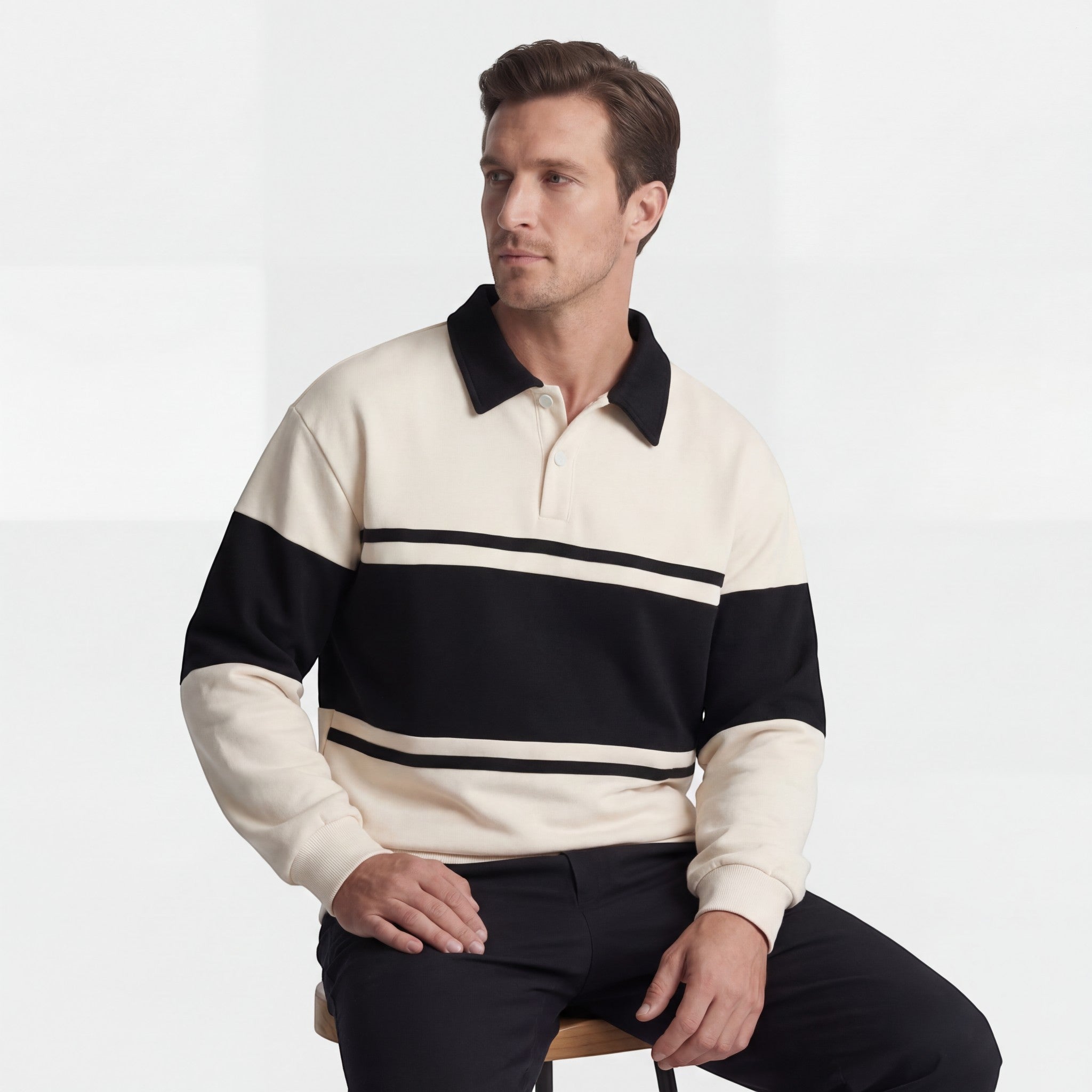 Men's Striped Polo Collar Sweatshirt - Relaxed Fit
