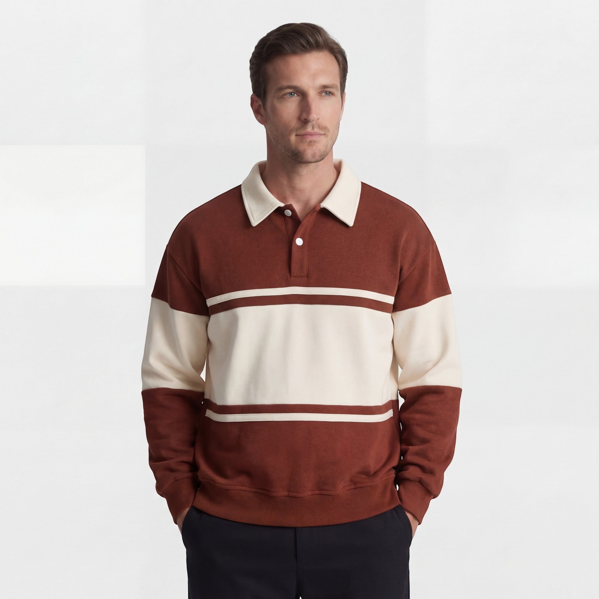 Men's Striped Polo Collar Sweatshirt - Relaxed Fit
