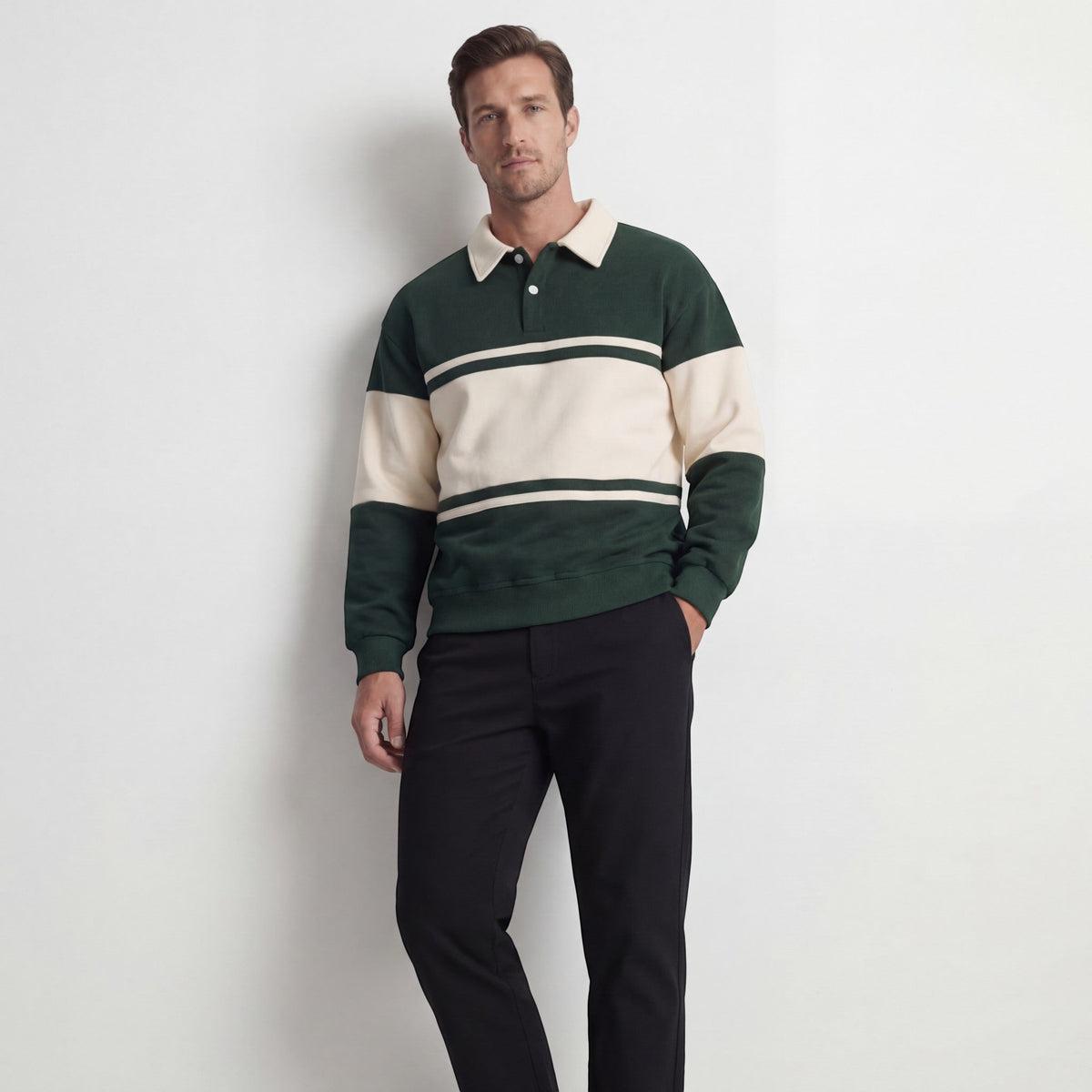 Men's Striped Polo Collar Sweatshirt - Relaxed Fit