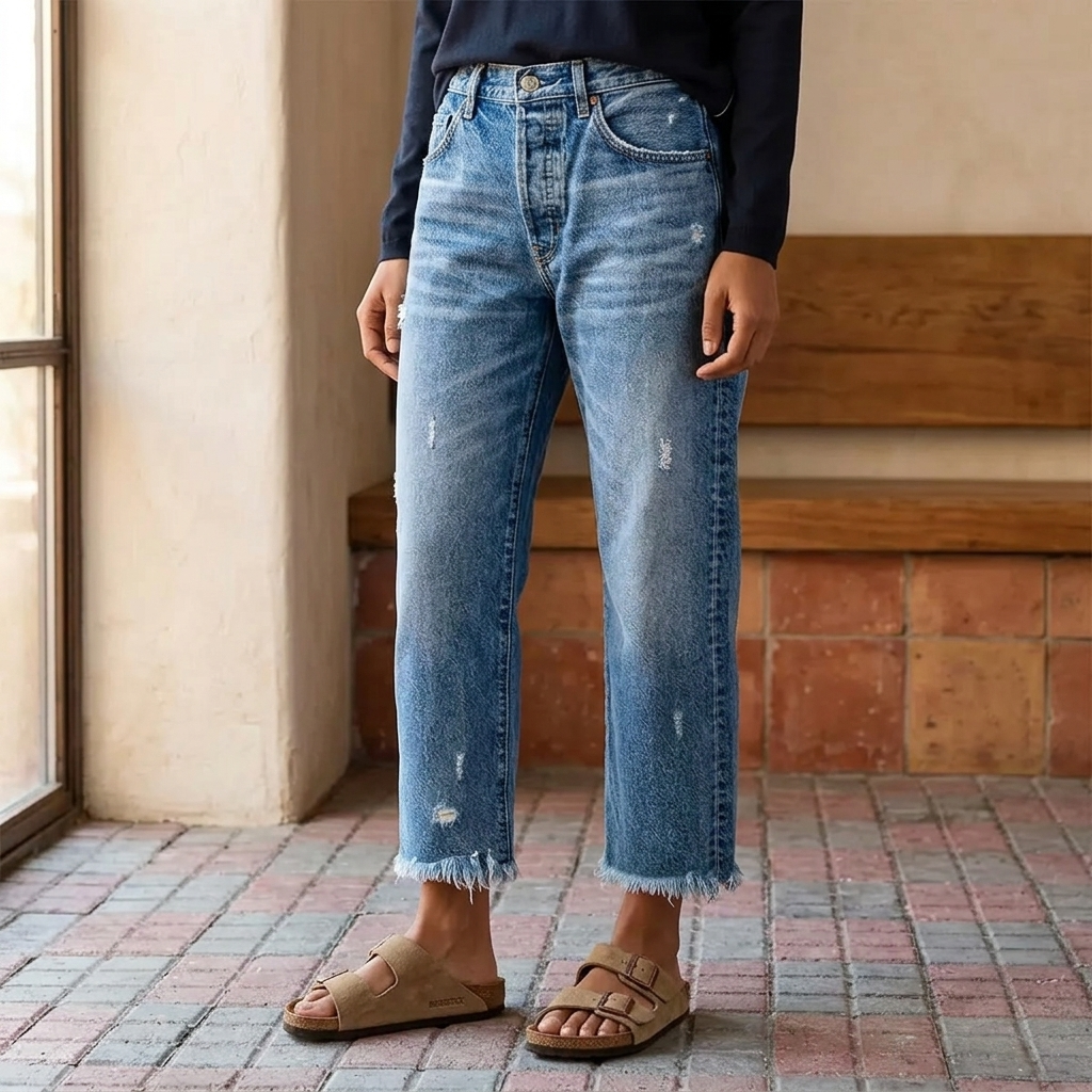 Women's Cropped Straight Leg Jeans – Raw Hem Vintage Wash