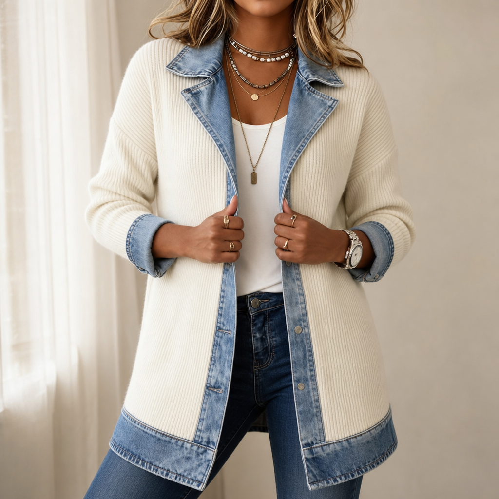 Women's Ribbed Knit & Denim Coat – Open Front Longline Cardigan