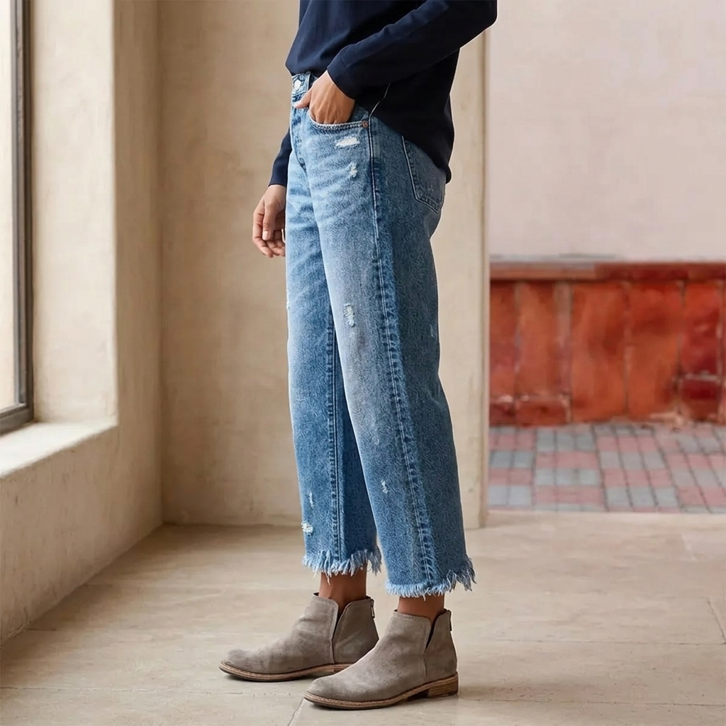 Women's Cropped Straight Leg Jeans – Raw Hem Vintage Wash