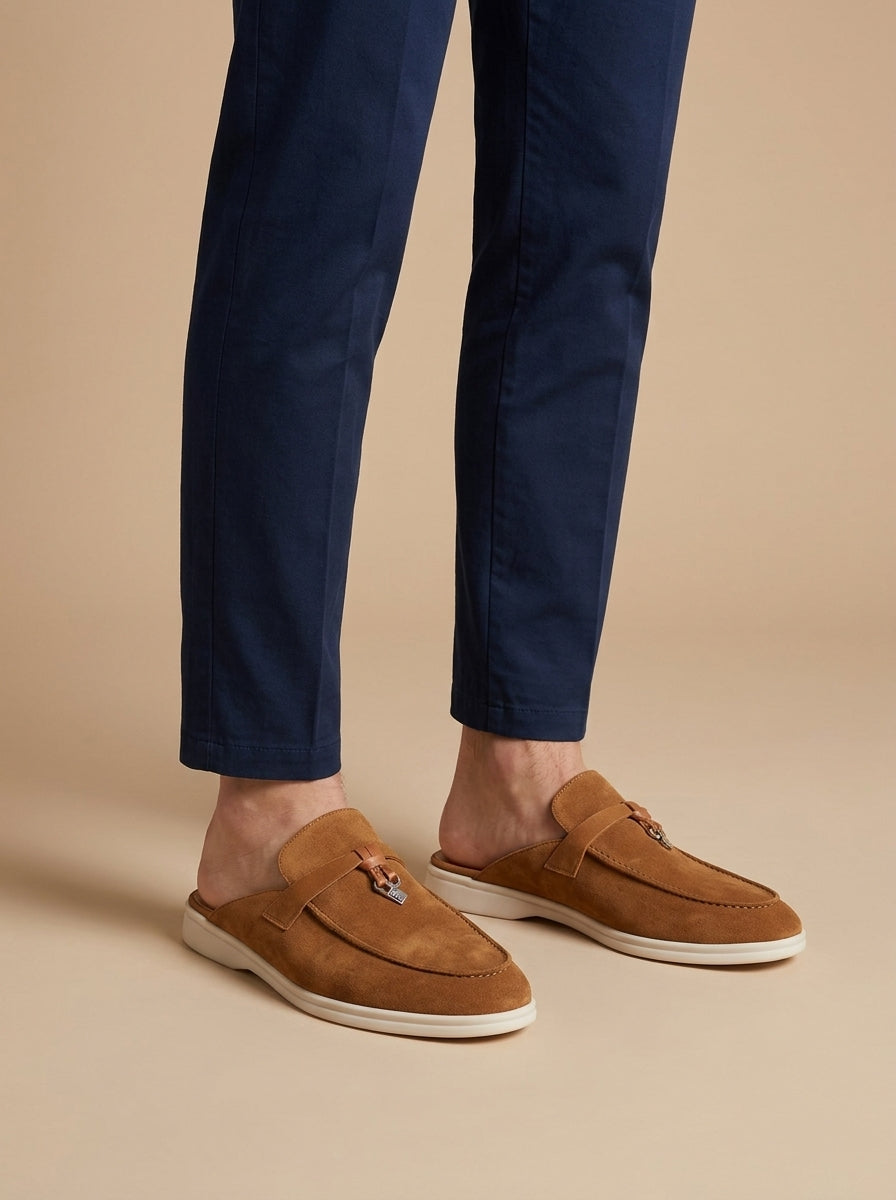 Men's Suede Mule Loafers with Metal Bar Detail