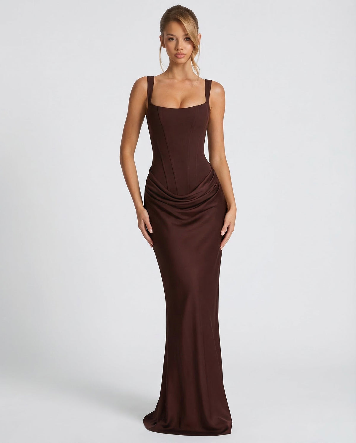 Women's Draped Corset Maxi Dress – Square Neck Evening Gown