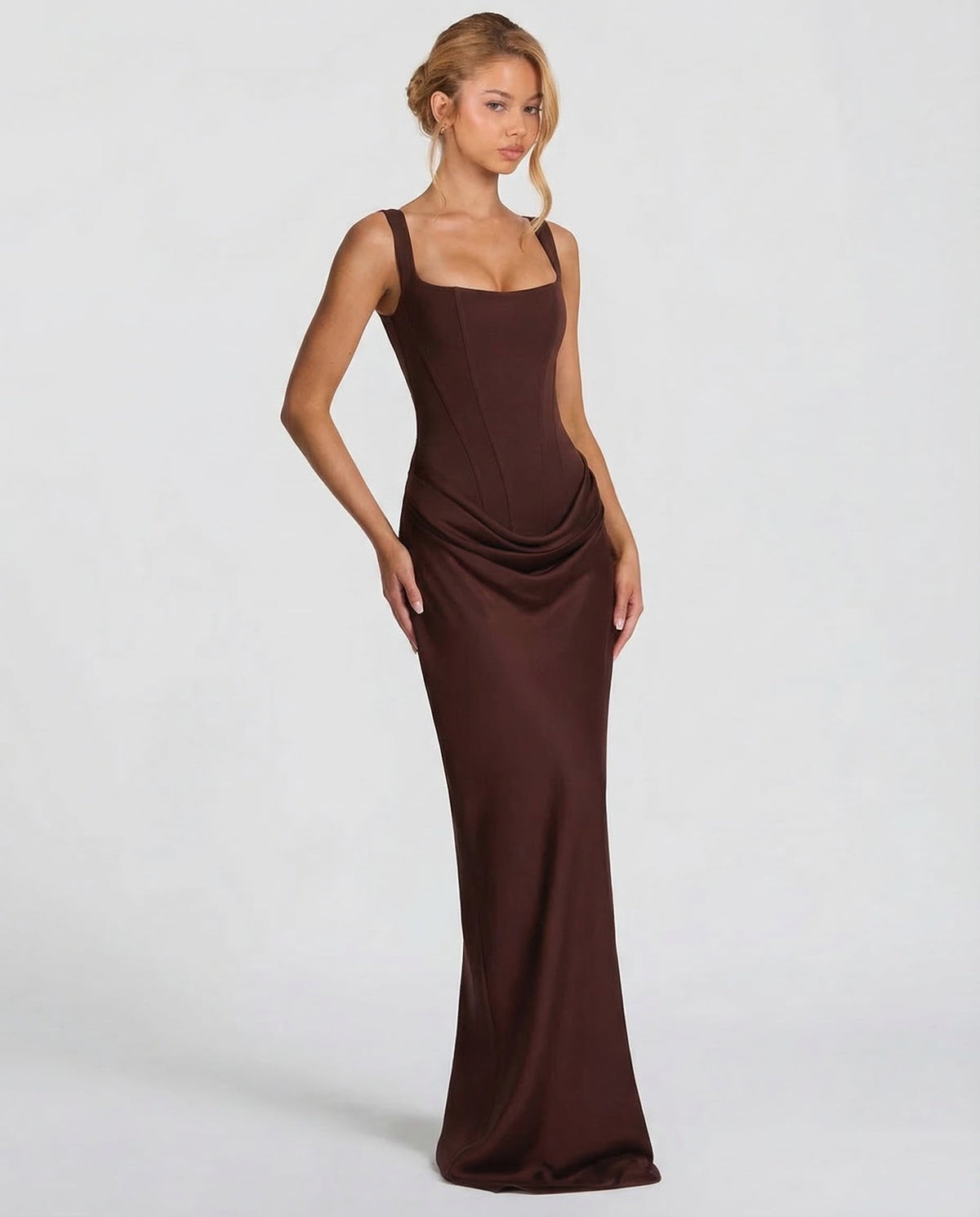 Women's Draped Corset Maxi Dress – Square Neck Evening Gown