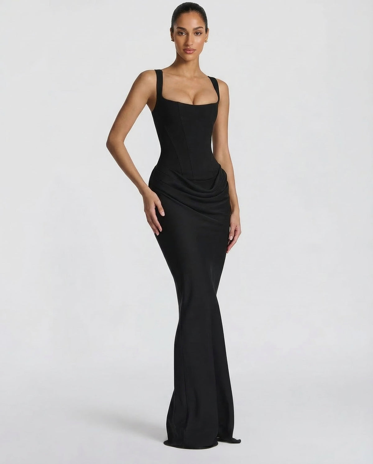 Women's Draped Corset Maxi Dress – Square Neck Evening Gown