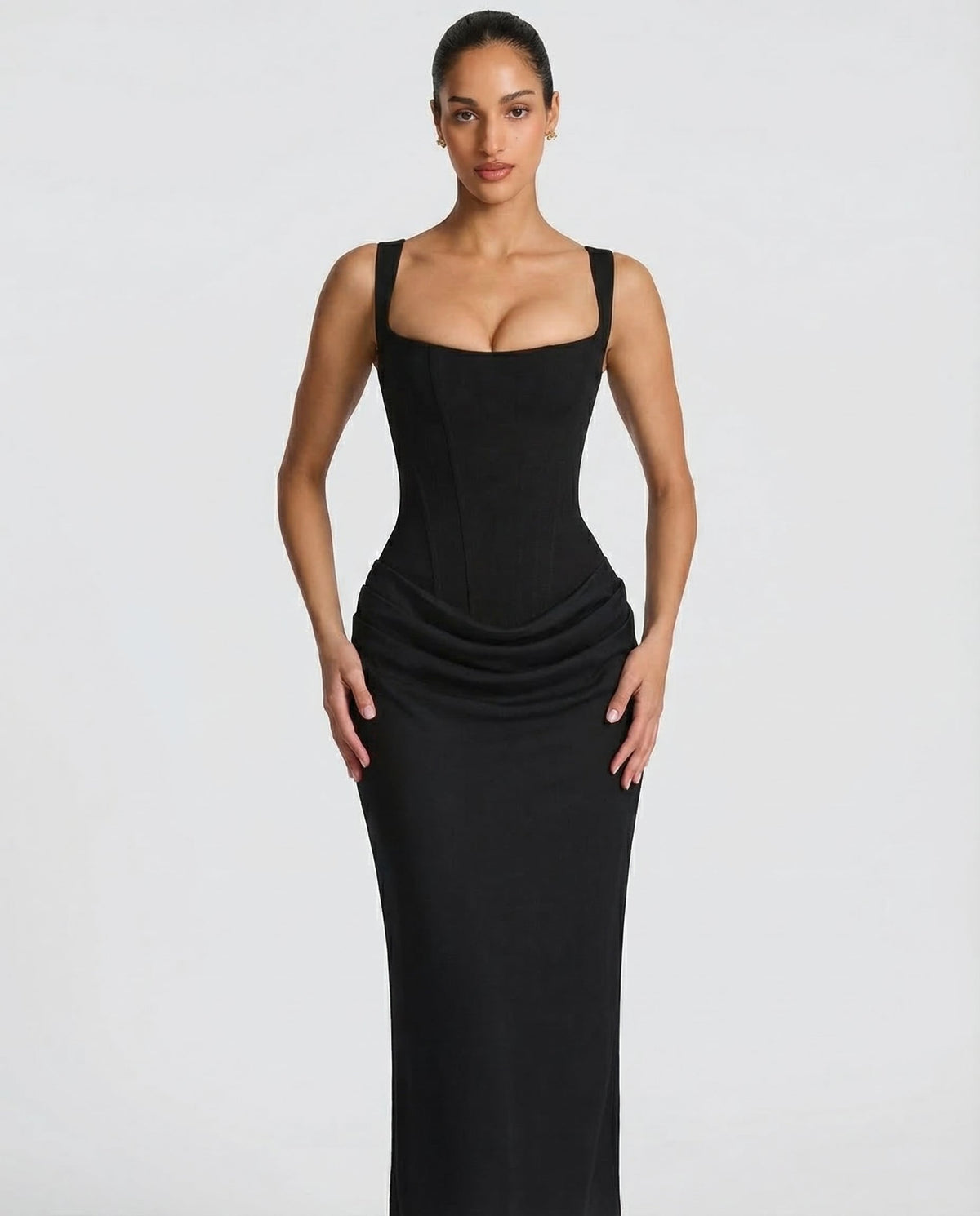 Women's Draped Corset Maxi Dress – Square Neck Evening Gown