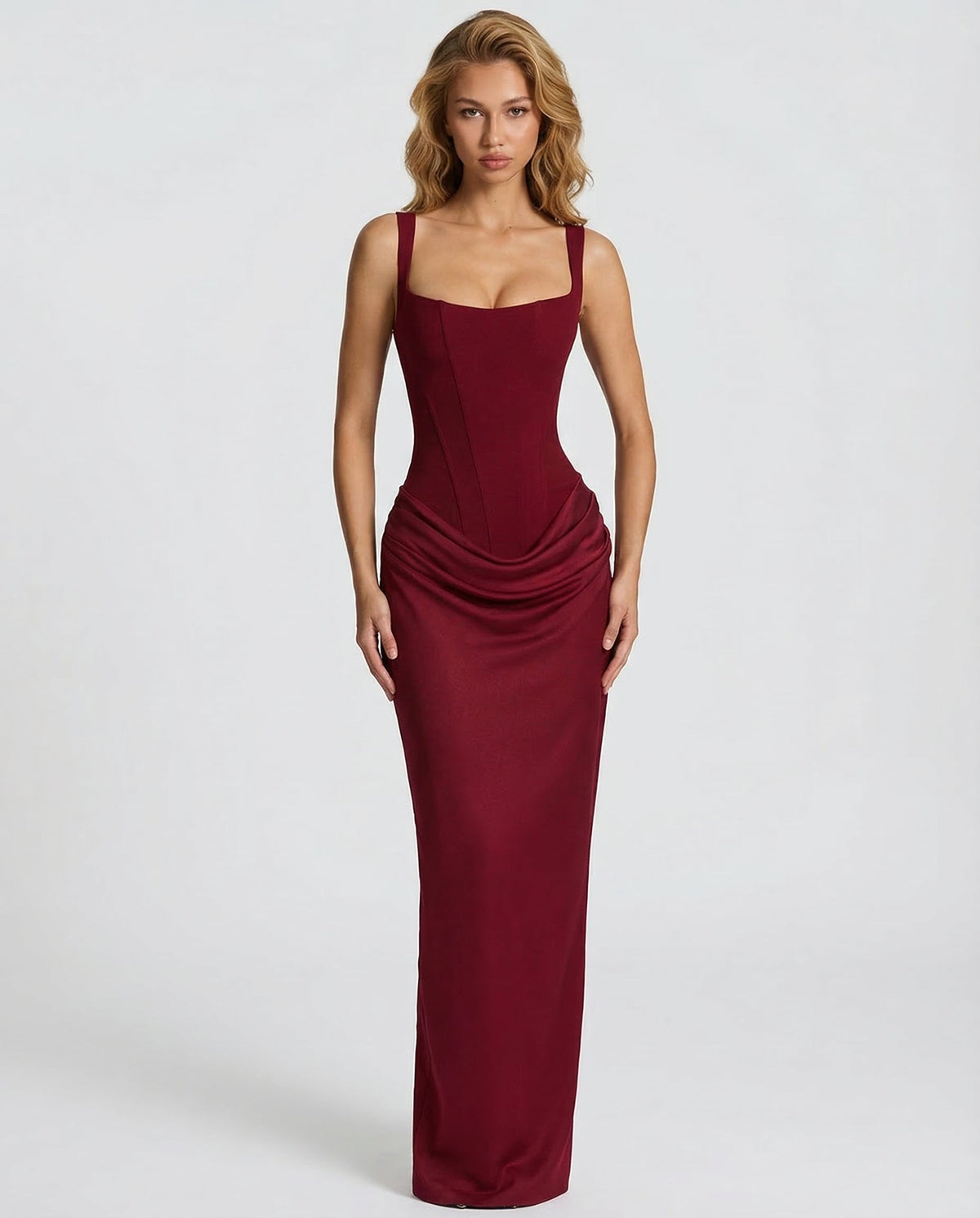 Women's Draped Corset Maxi Dress – Square Neck Evening Gown