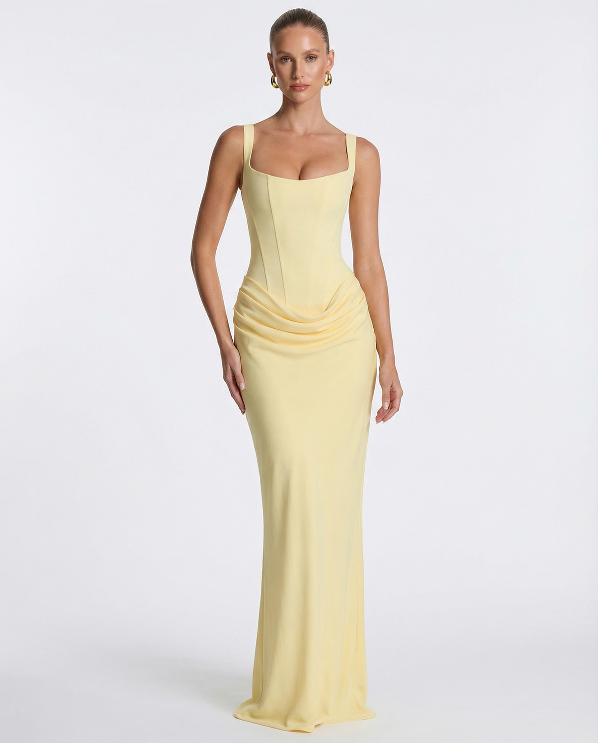 Women's Draped Corset Maxi Dress – Square Neck Evening Gown