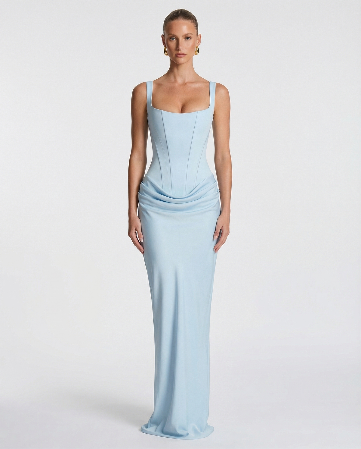 Women's Draped Corset Maxi Dress – Square Neck Evening Gown