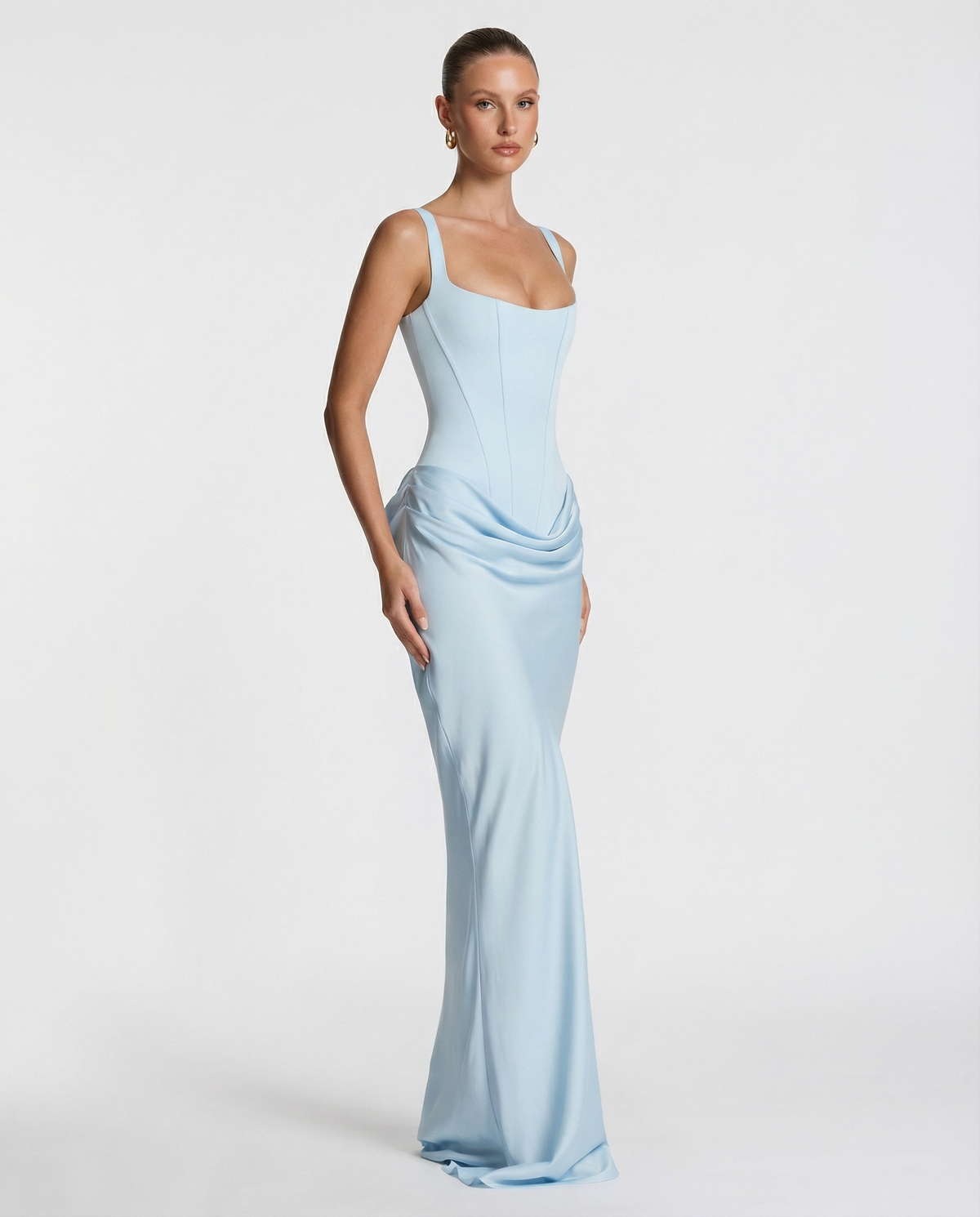Women's Draped Corset Maxi Dress – Square Neck Evening Gown