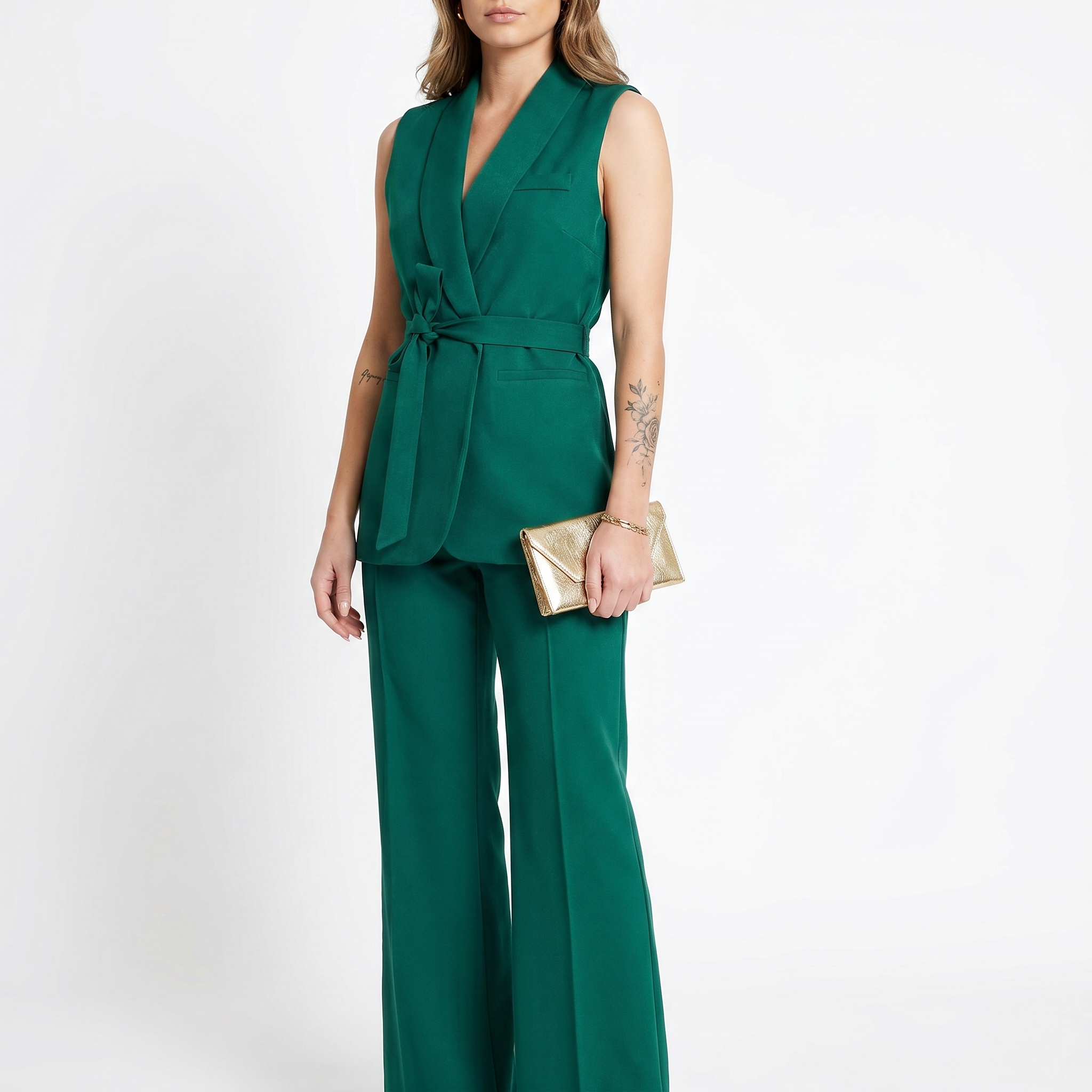 Aurelia Green Co-ord Set | Wrap Blazer & Straight Leg Trouser Two Piece Suit Women