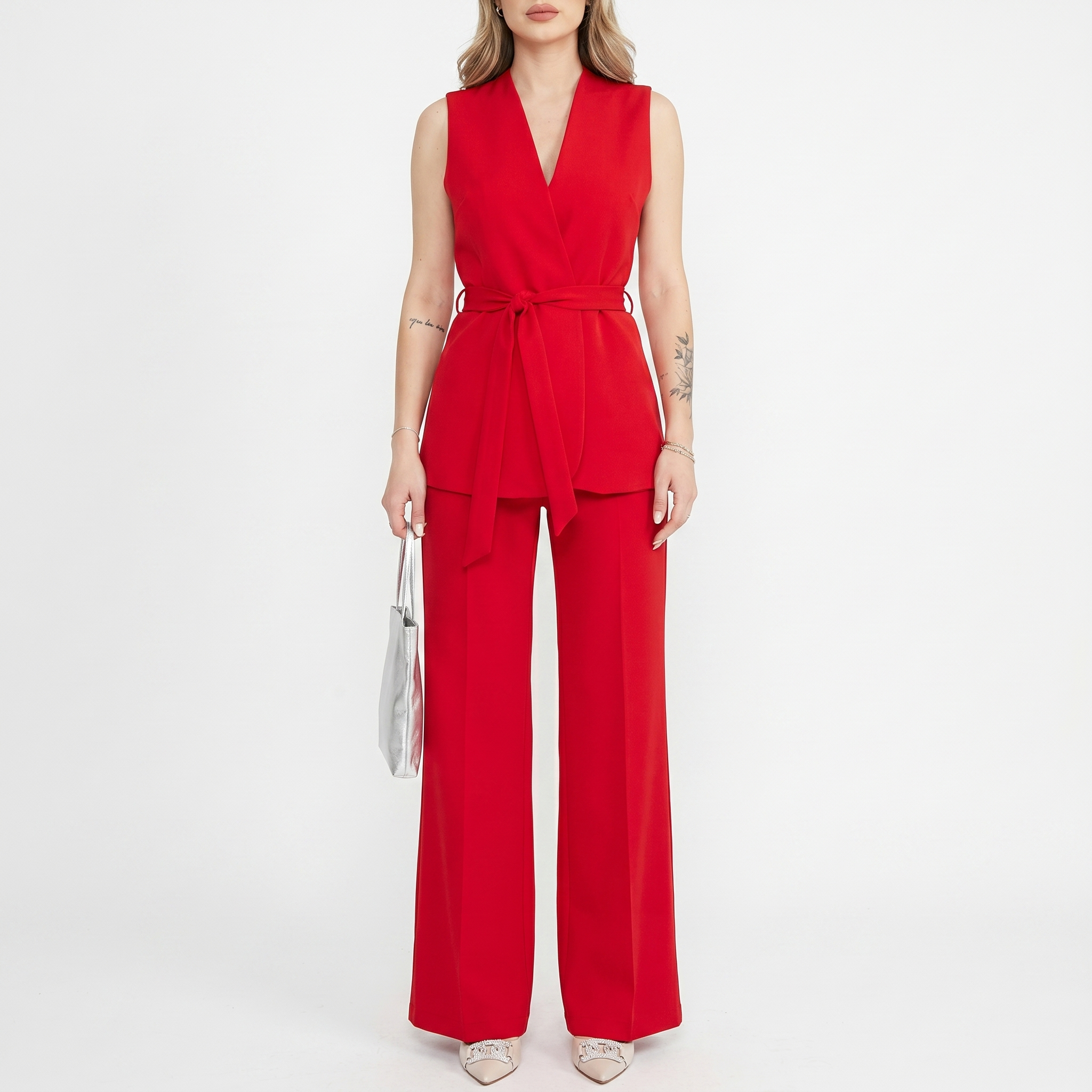 Aurelia Red Co-ord Set | Wrap Blazer & Straight Leg Trouser Two Piece Suit Women