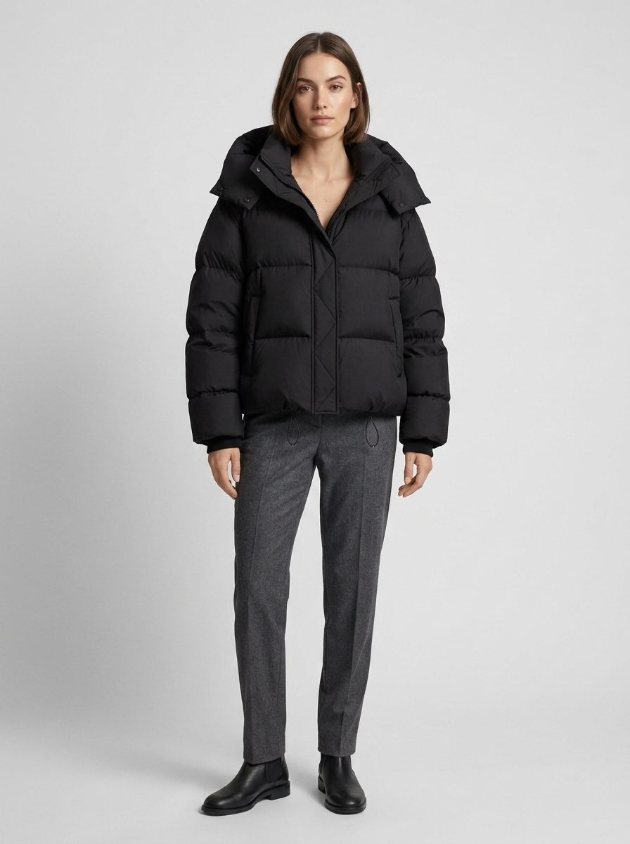 Women's Cropped Puffer Jacket – Funnel Neck  Drawstring Hem