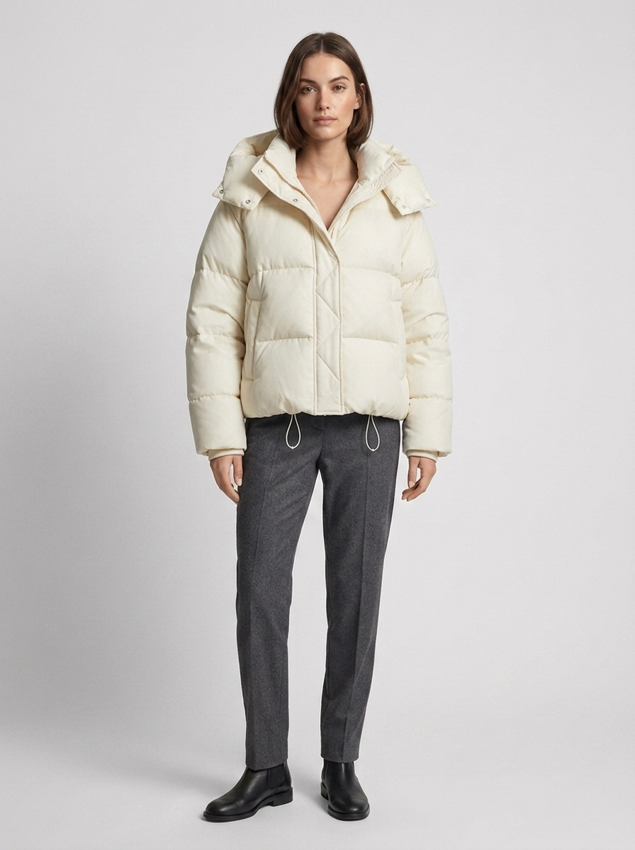 Women's Cropped Puffer Jacket – Funnel Neck  Drawstring Hem