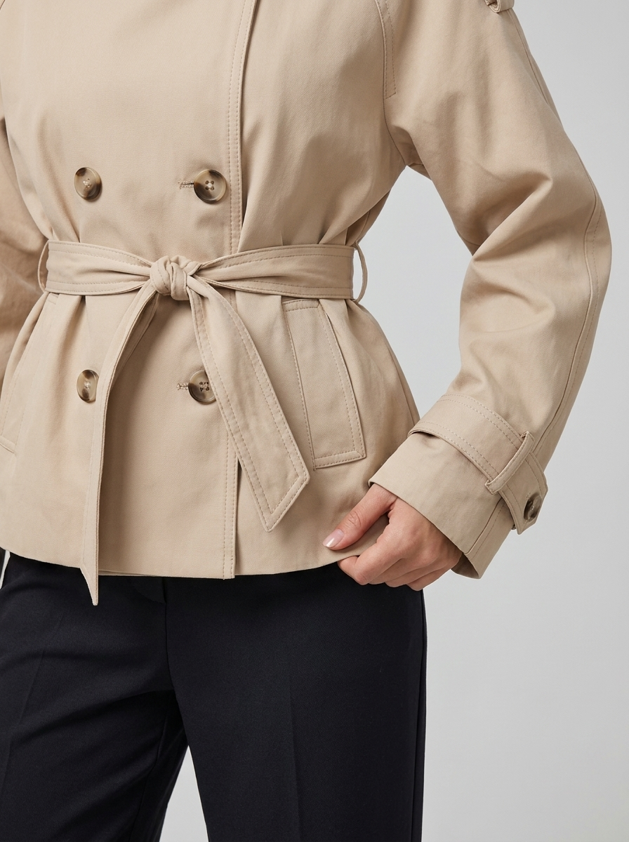 Women's Short Trench Coat – Belted Double-Breasted Jacket