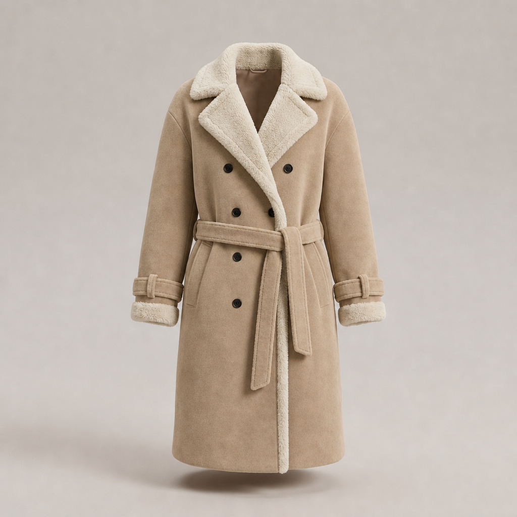 Women's Teddy Lined Long Coat – Double-Breasted Winter Design