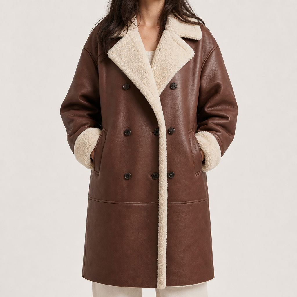 Women's Teddy Lined Long Coat – Double-Breasted Winter Design