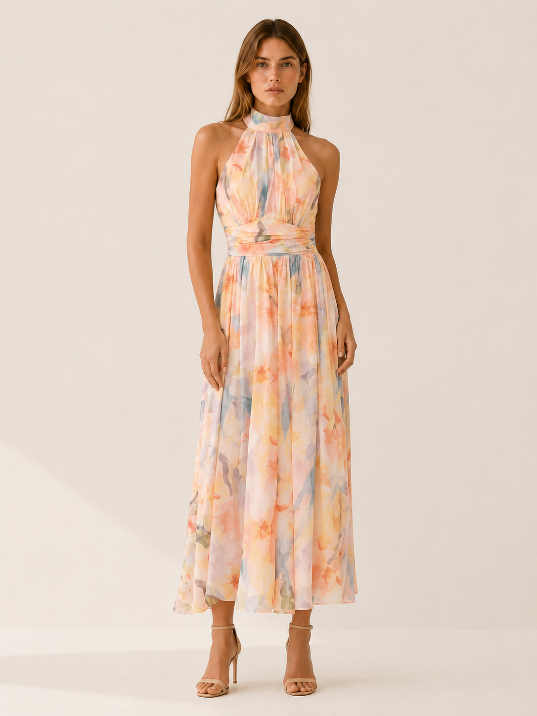 Women's Halter Neck Maxi Dress – Open Back Draped Occasion Dress