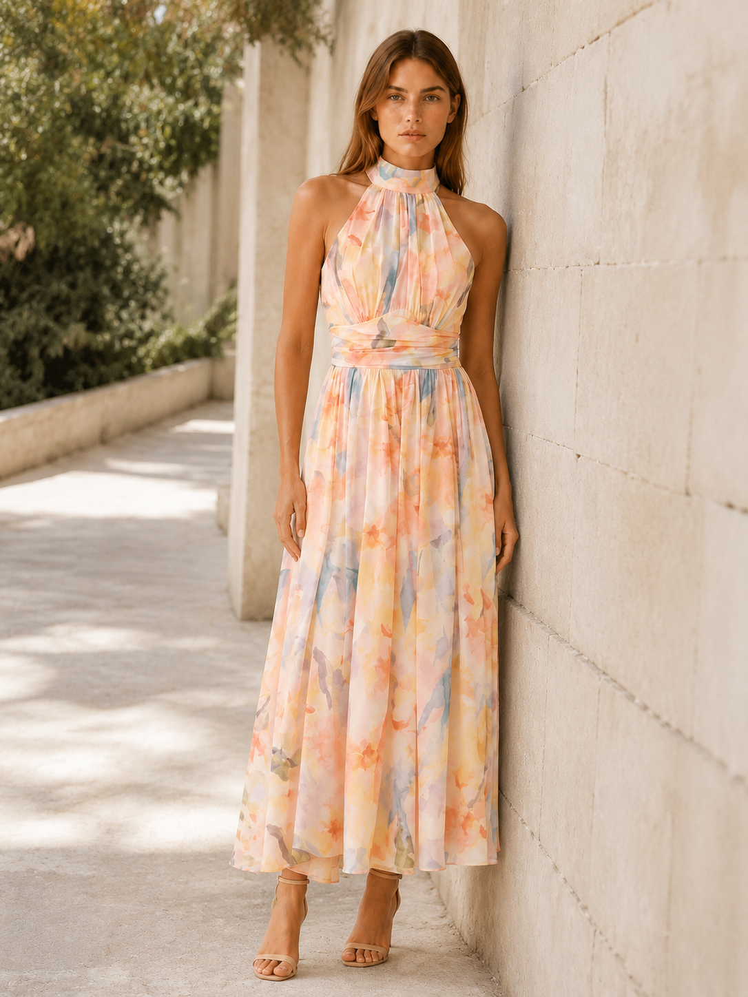 Women's Halter Neck Maxi Dress – Open Back Draped Occasion Dress