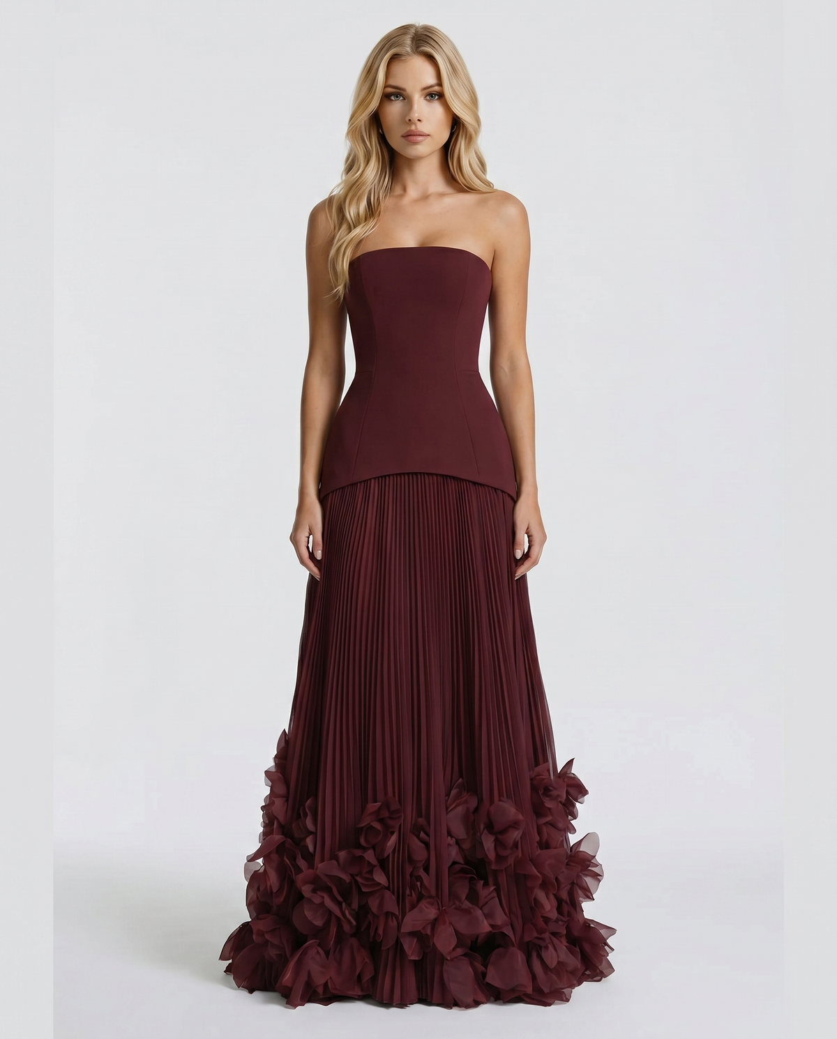 Women’s Strapless Burgundy Maxi Dress – Pleated Occasion Gown