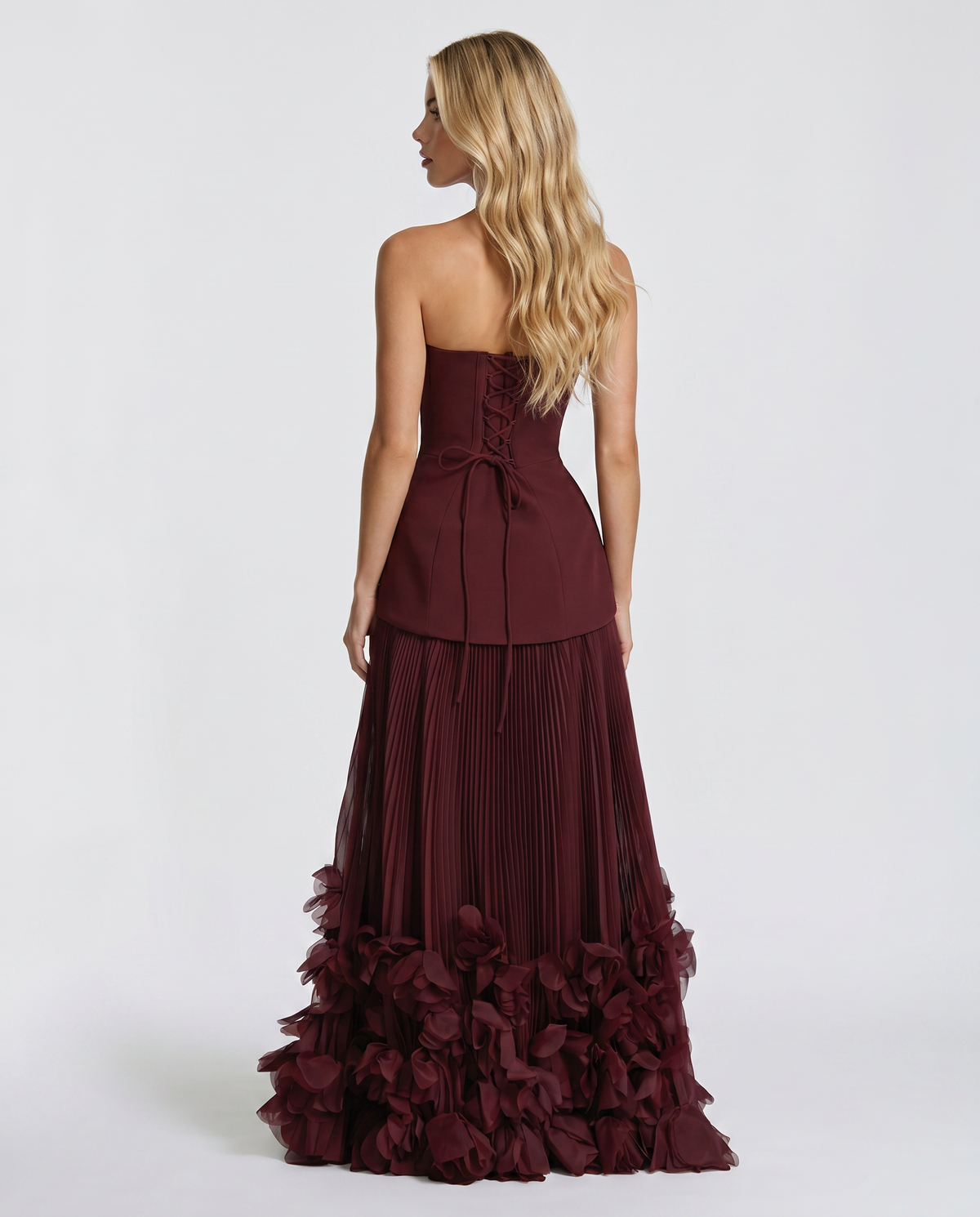 Women’s Strapless Burgundy Maxi Dress – Pleated Occasion Gown