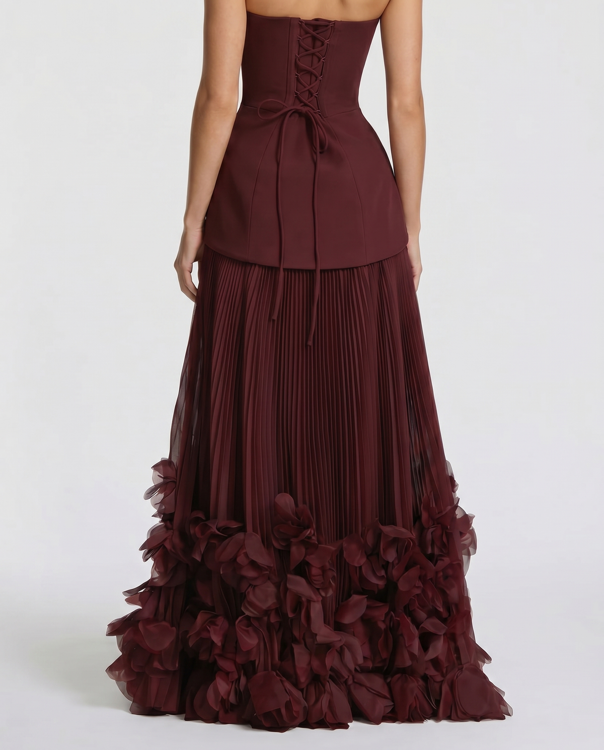 Women’s Strapless Burgundy Maxi Dress – Pleated Occasion Gown