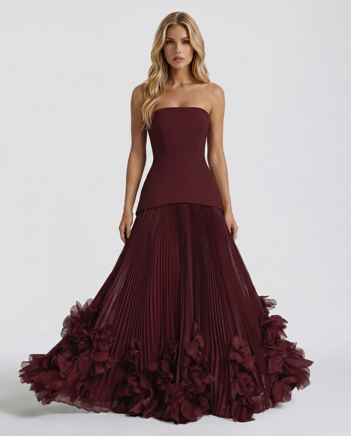 Women’s Strapless Burgundy Maxi Dress – Pleated Occasion Gown