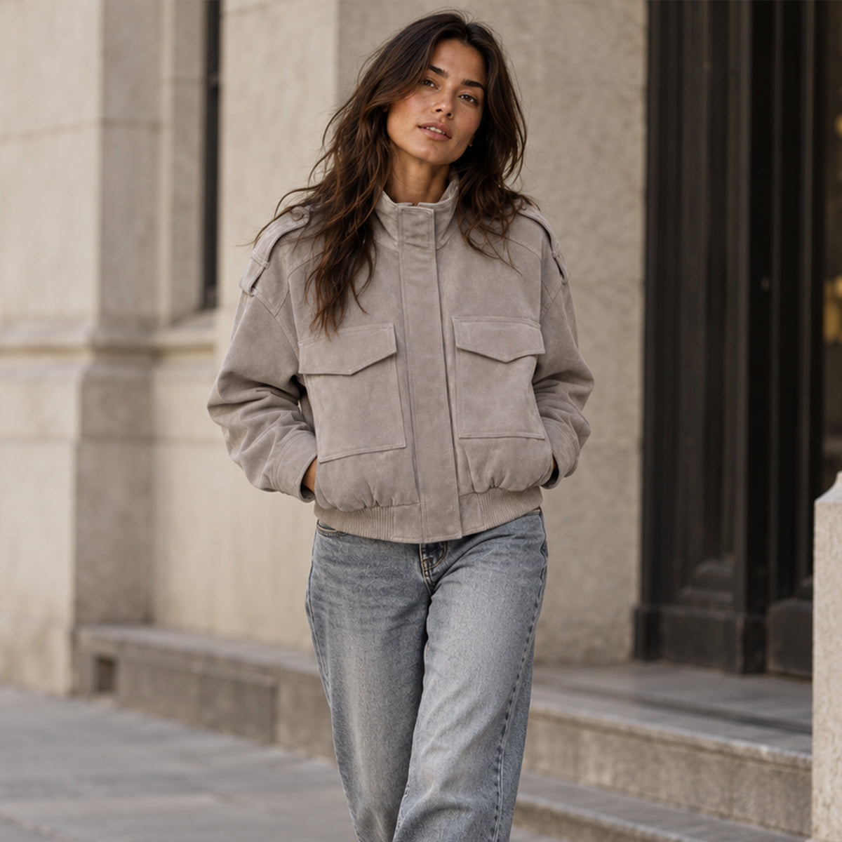 Women's Gray Suede Bomber, Short Length