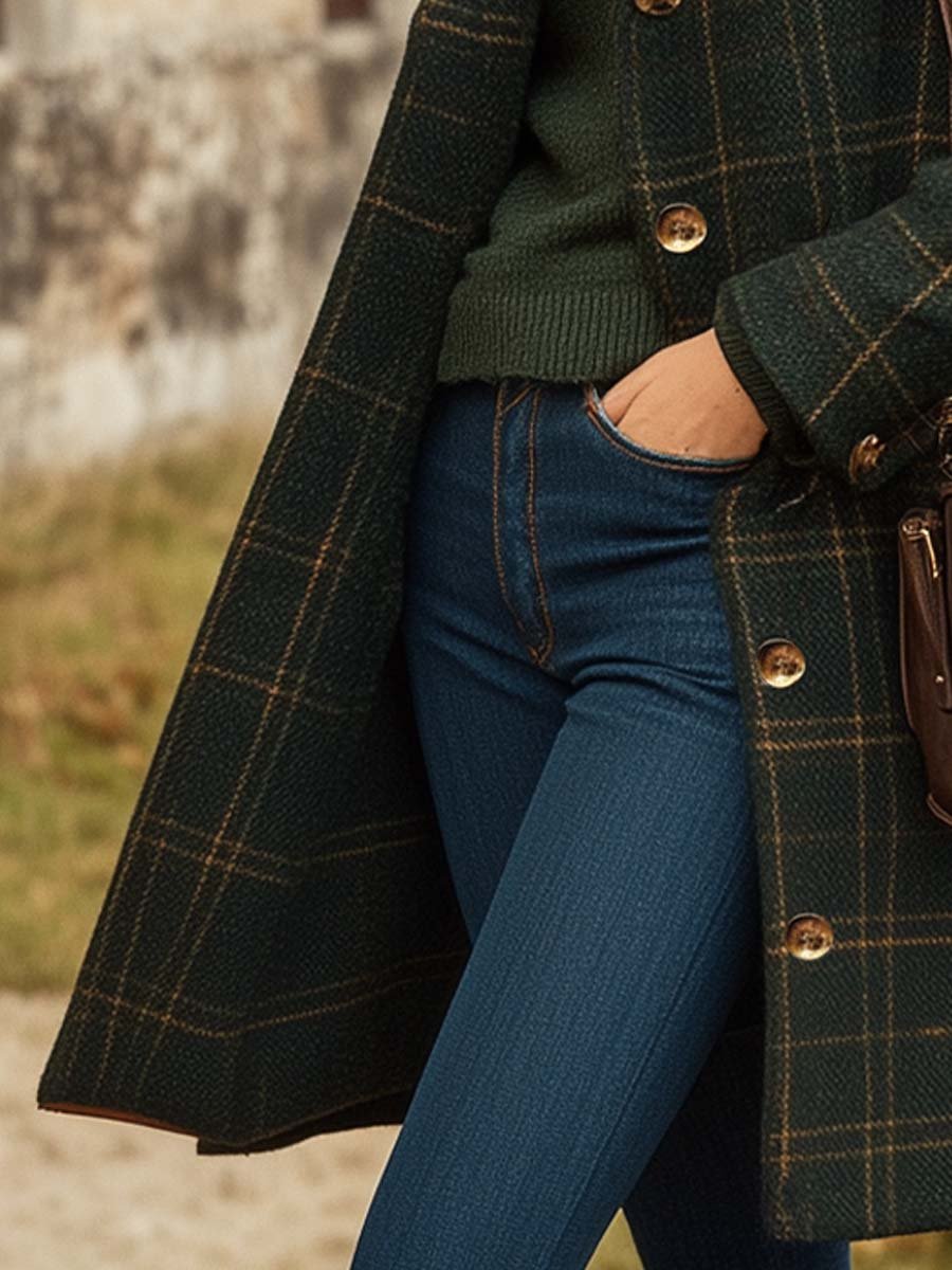Long Checked Coat for Women Slim Fit Button Closure Winter