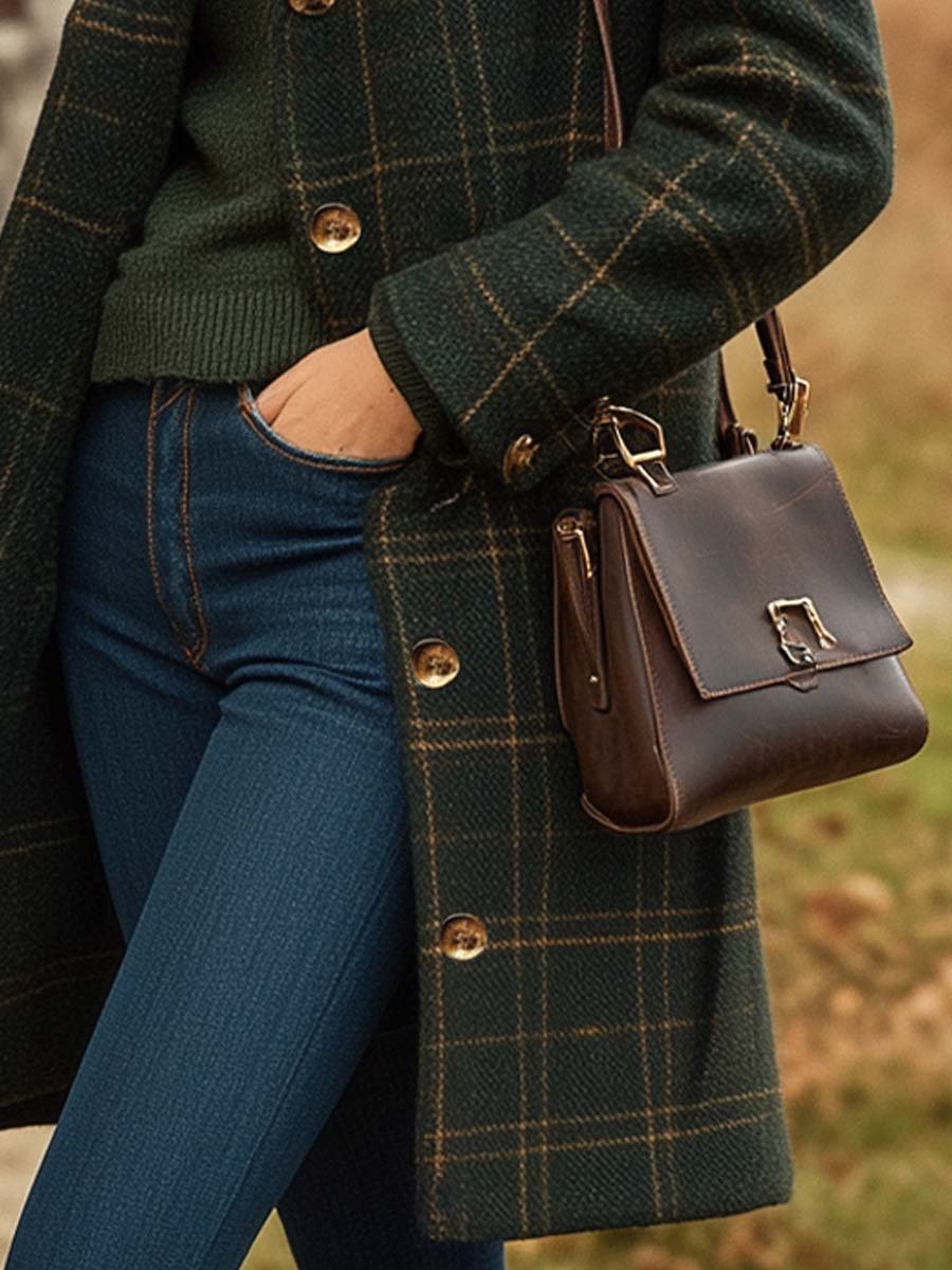 Long Checked Coat for Women Slim Fit Button Closure Winter