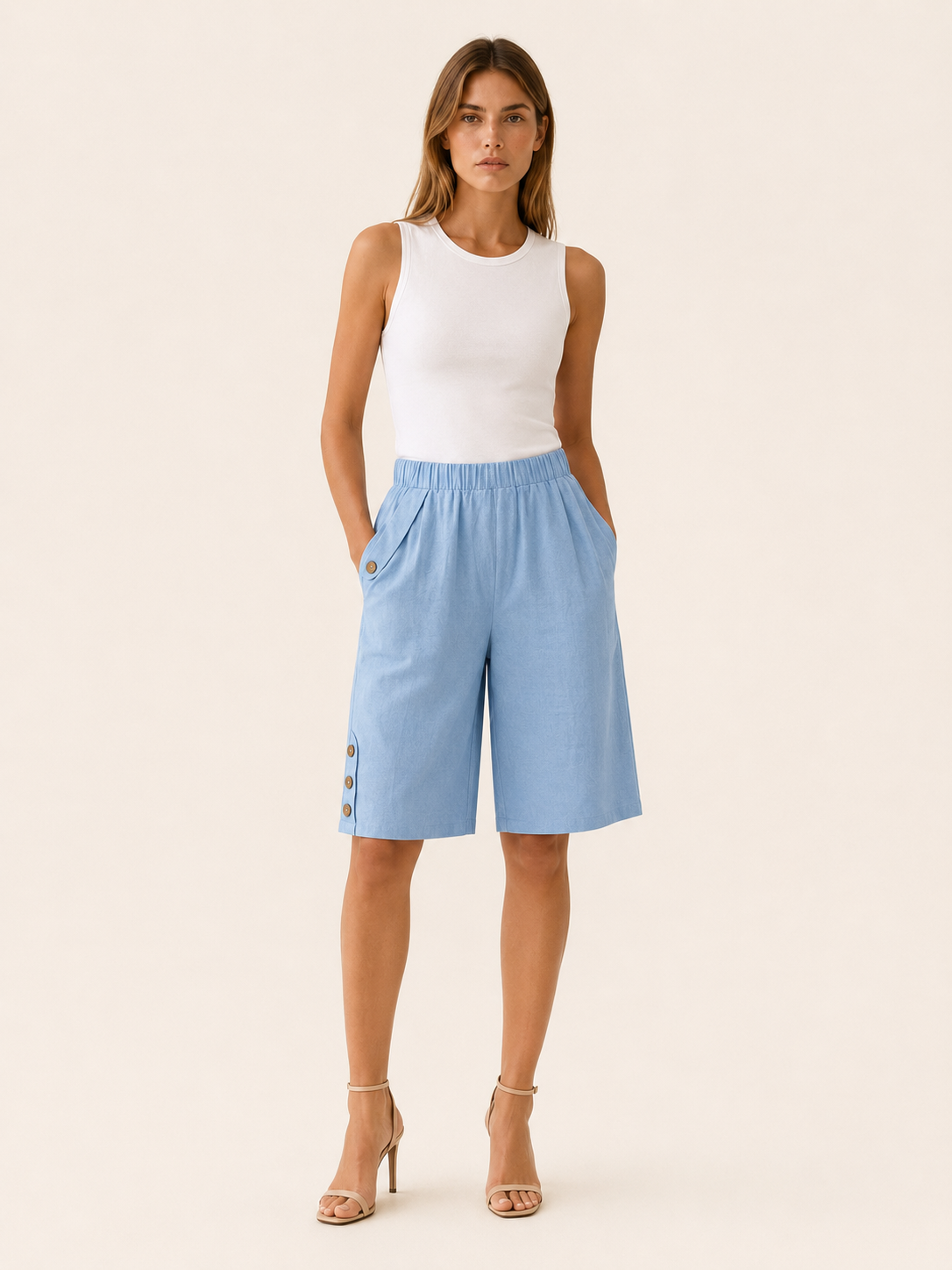 Elastic Waist Shorts with Button Detail