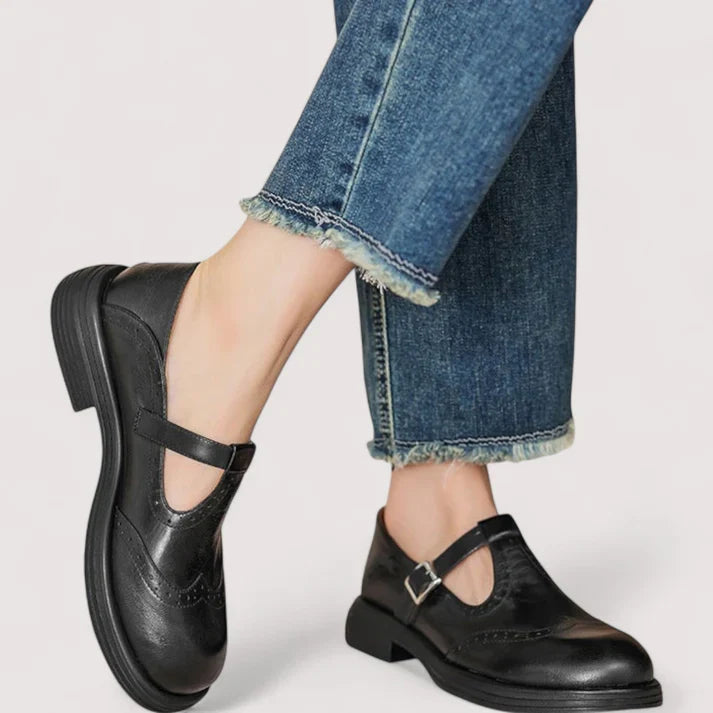 Women's Leather Mary Jane Shoes – Adjustable Strap Comfort Flats