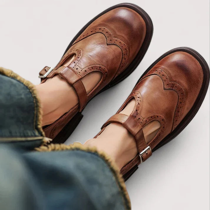 Women's Leather Mary Jane Shoes – Adjustable Strap Comfort Flats