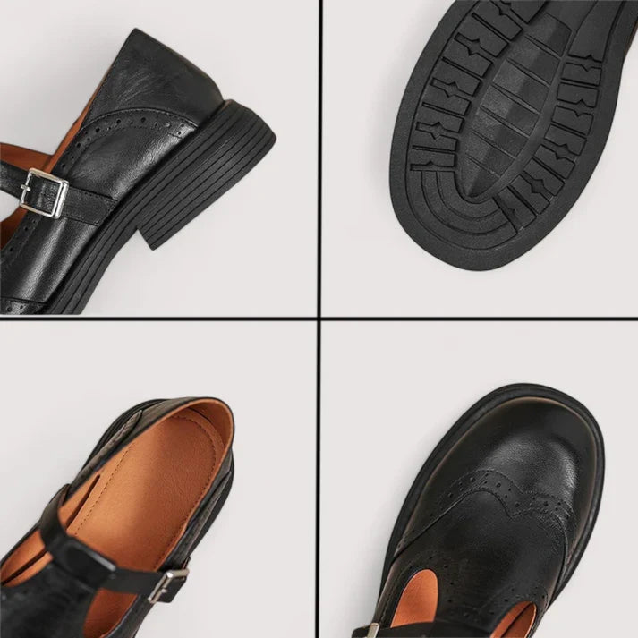 Women's Leather Mary Jane Shoes – Adjustable Strap Comfort Flats