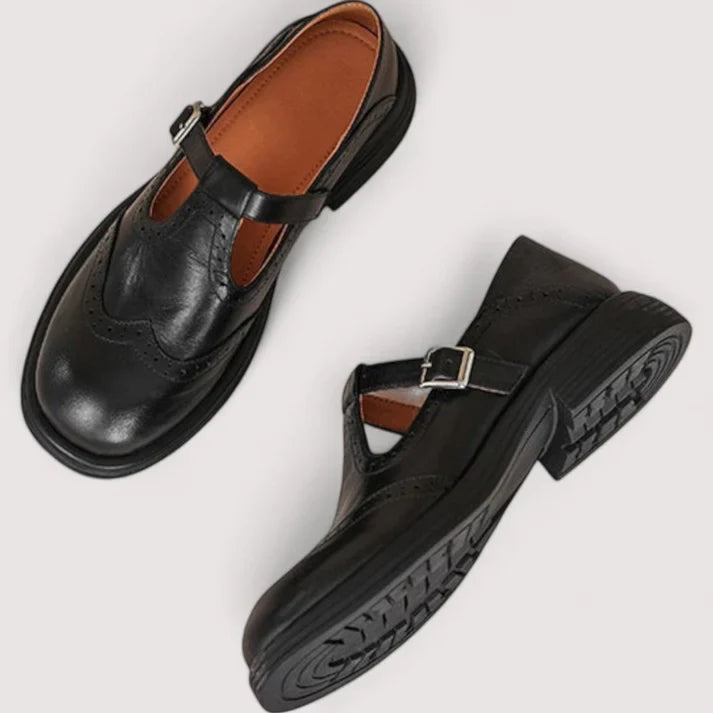 Women's Leather Mary Jane Shoes – Adjustable Strap Comfort Flats