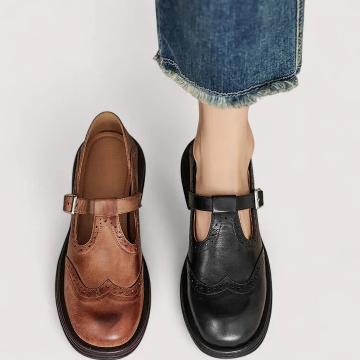 Women's Leather Mary Jane Shoes – Adjustable Strap Comfort Flats