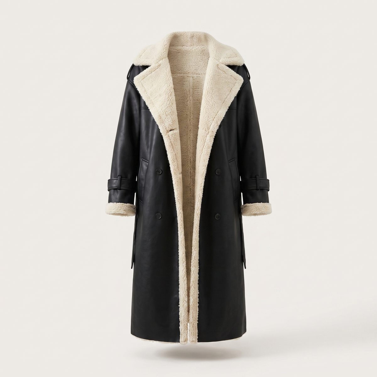 Women's Teddy Lined Long Coat – Double-Breasted Winter Design