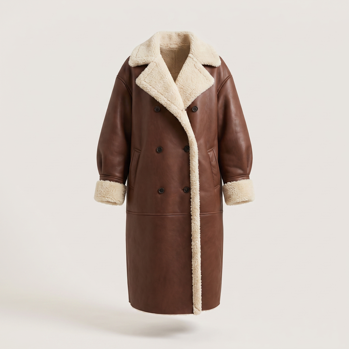 Women's Teddy Lined Long Coat – Double-Breasted Winter Design